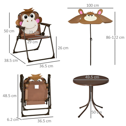 Outsunny Kids Bistro Table and Chair Set, Outdoor Folding Garden Furniture w/Monkey Design, Removable, Adjustable Sun Umbrella, Ages 3-6 Years - Brown