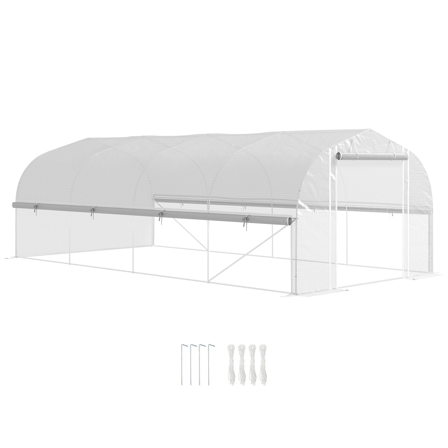 Tunel foliowy Outsunny 6 x 3 x 2 m, ściany boczne zwijane na zamek błyskawiczny, drzwi z siatki, 8 okien z siatki, namiot tunelowy z pokrowcem z polietylenu, bezpłatne etykiety na rośliny i rękawiczki, kolor biały