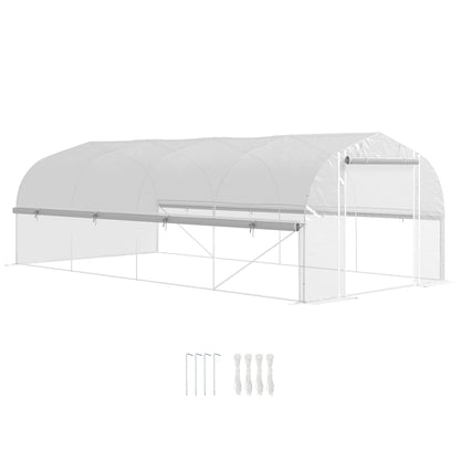 Tunel foliowy Outsunny 6 x 3 x 2 m, ściany boczne zwijane na zamek błyskawiczny, drzwi z siatki, 8 okien z siatki, namiot tunelowy z pokrowcem z polietylenu, bezpłatne etykiety na rośliny i rękawiczki, kolor biały