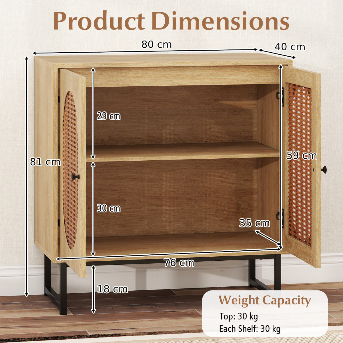 Buffet Cabinet Rattan Storage Cabinet Boho Sideboard-Natural