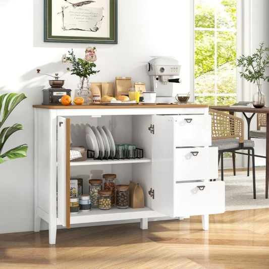 Wooden Kitchen Buffet Cabinet with 2 Door and 3 Pull-out Drawers-White