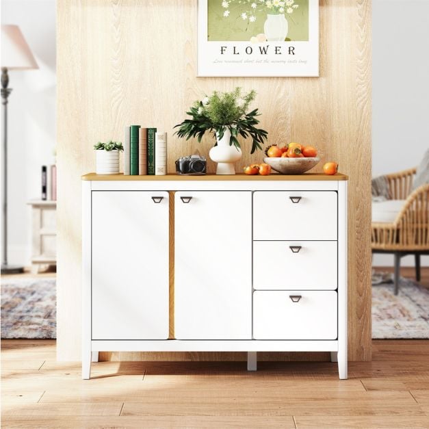Wooden Kitchen Buffet Cabinet with 2 Door and 3 Pull-out Drawers-White
