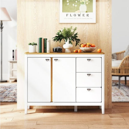 Wooden Kitchen Buffet Cabinet with 2 Door and 3 Pull-out Drawers-White