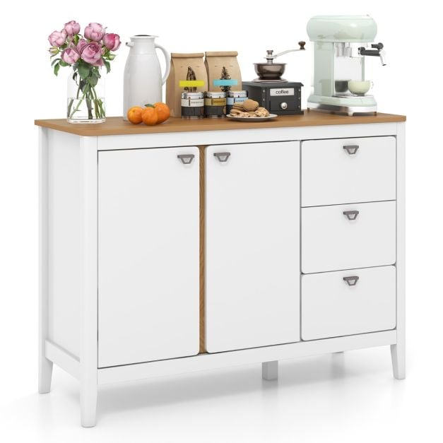 Wooden Kitchen Buffet Cabinet with 2 Door and 3 Pull-out Drawers-White