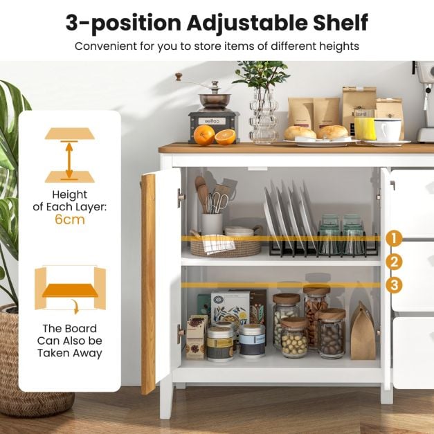 Wooden Kitchen Buffet Cabinet with 2 Door and 3 Pull-out Drawers-White