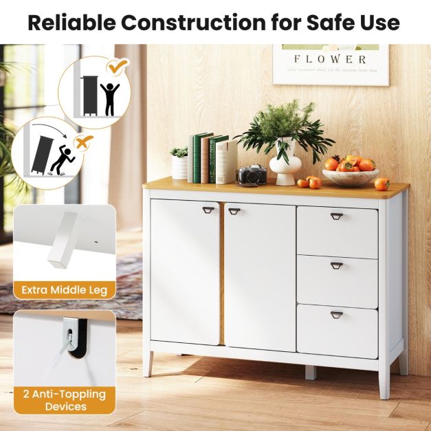 Wooden Kitchen Buffet Cabinet with 2 Door and 3 Pull-out Drawers-White