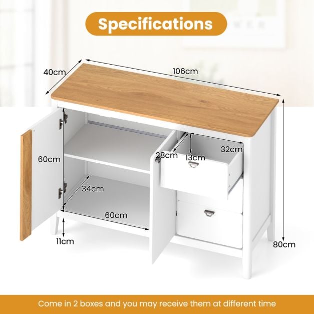 Wooden Kitchen Buffet Cabinet with 2 Door and 3 Pull-out Drawers-White