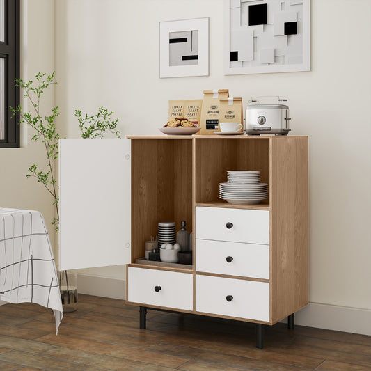 Buffet Sideboard Mid Century Modern Storage Cabinet with 4 Drawers-Natural