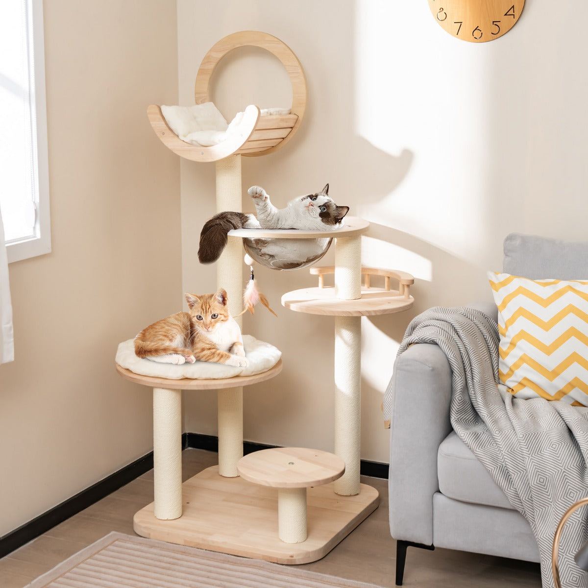4-in-1 Large Wooden Cat Tower with Space Capsule Nest and Sisal Scratching Posts
