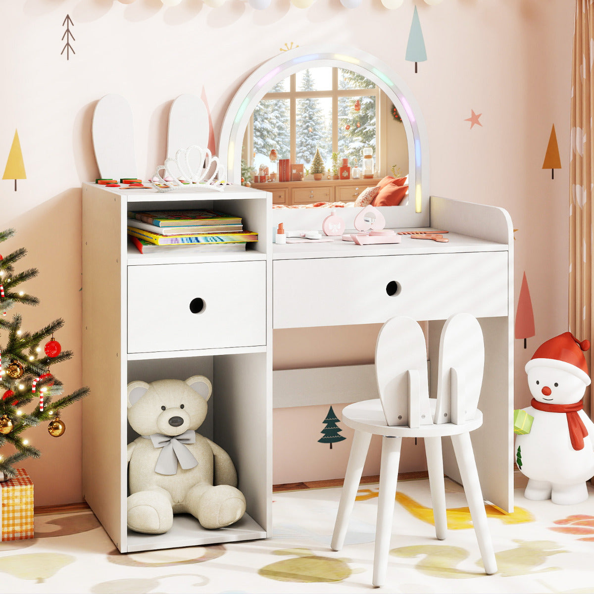 Bunny Kids Vanity Table and Chair Set with Lighted Mirror-White