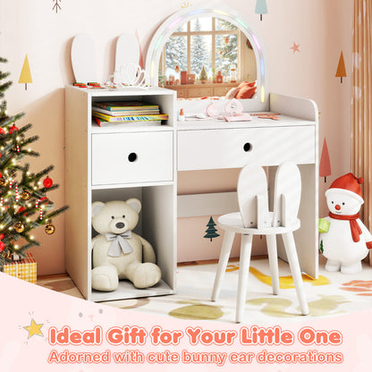 Bunny Kids Vanity Table and Chair Set with Lighted Mirror-White