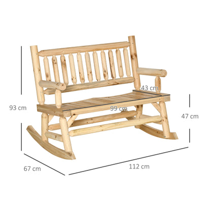 Outsunny Garden 2-Seater Rocking Bench Wood Frame Rough-Cut Log Loveseat Slatted High Back Rustic Style w/ Armrests Garden Outdoor Furniture, Natural