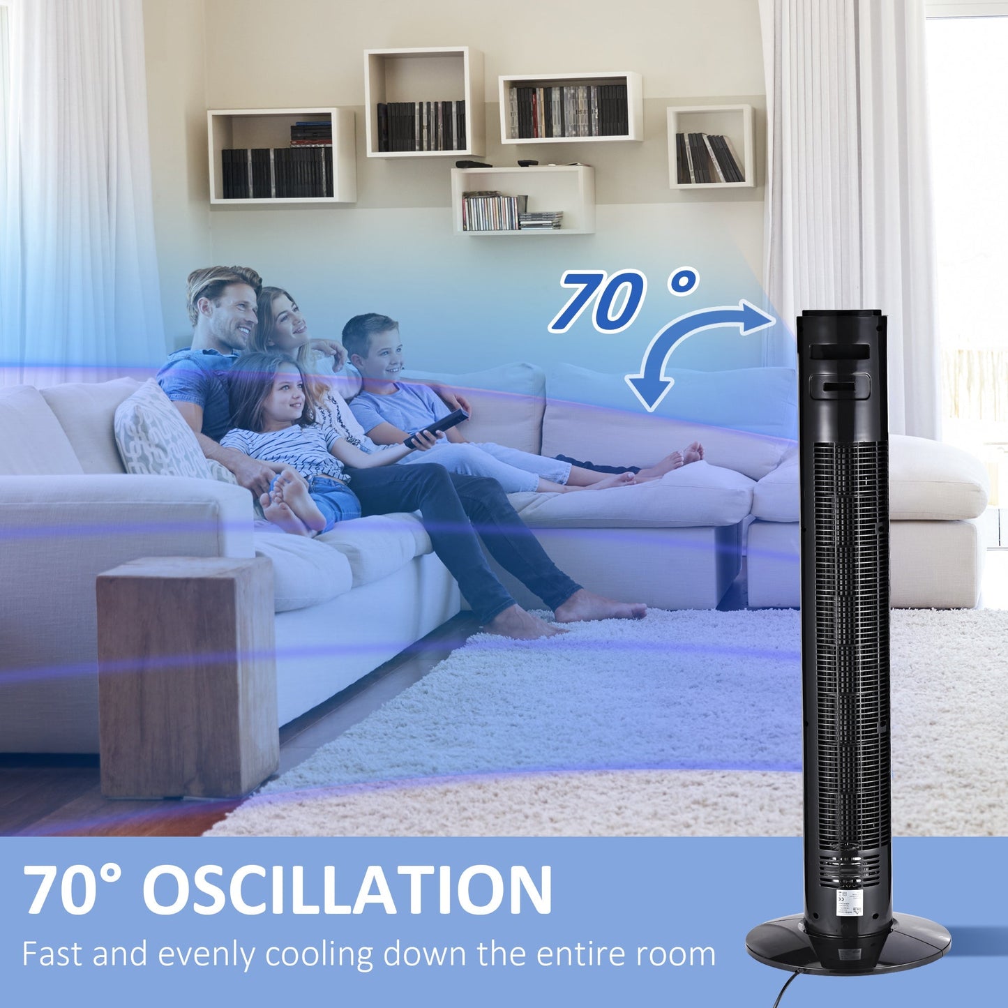 38'' Freestanding Tower Fan, 3 Speed 3 Mode, 12h Timer, 70 Degree Oscillation, LED Panel, 5M Remote Controller, Black