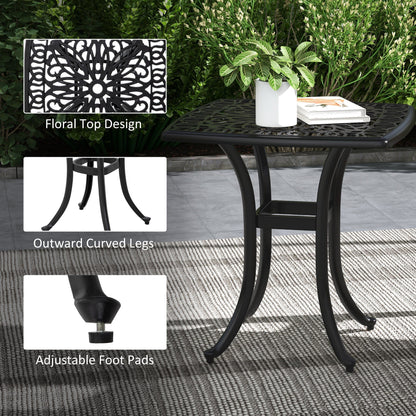 Outsunny Cast Aluminium Bistro Table, Outdoor Square Side Table with Umbrella Hole, Garden Table for Balcony, Poolside, Black