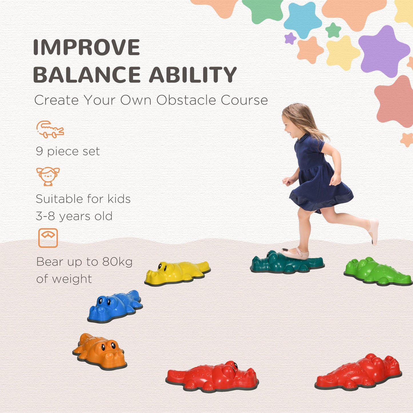 ZONEKIZ 9 Piece Kids Stepping Stones Crocodile Design with Anti-Slip Balance