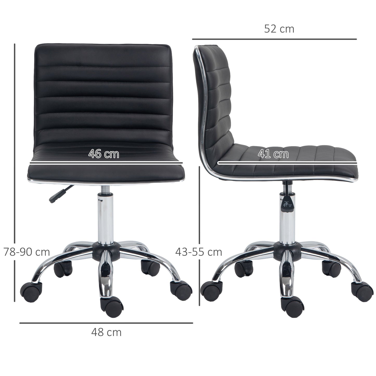 HOMCOM Armless Task Desk Chair, Swivel Office Chair with Faux Leather, Adjustable Seat Height, Chrome Base, Wheels for Home, Black