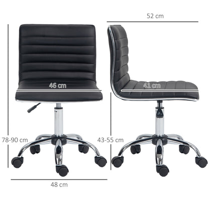 HOMCOM Armless Task Desk Chair, Swivel Office Chair with Faux Leather, Adjustable Seat Height, Chrome Base, Wheels for Home, Black