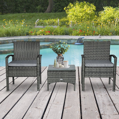 Outsunny 2 Seater Rattan Bistro Set Outdoor Wicker Sofa Chair Coffee Table Set Garden Patio Furniture w/ Cushion - Grey