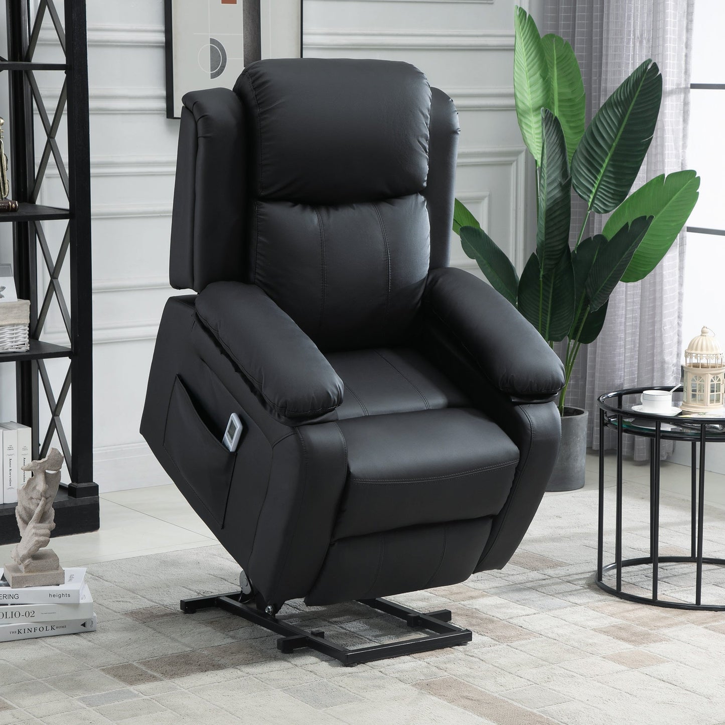 Fotel HOMCOM Riser and Recliner z masażem, fotel z elektryczną regulacją dla osób starszych z pilotem, przedłużonym podnóżkiem, dwiema kieszeniami bocznymi, fotel z elektryczną regulacją, wypchany, czarny