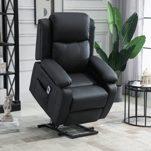 Fotel HOMCOM Riser and Recliner z masażem, fotel z elektryczną regulacją dla osób starszych z pilotem, przedłużonym podnóżkiem, dwiema kieszeniami bocznymi, fotel z elektryczną regulacją, wypchany, czarny