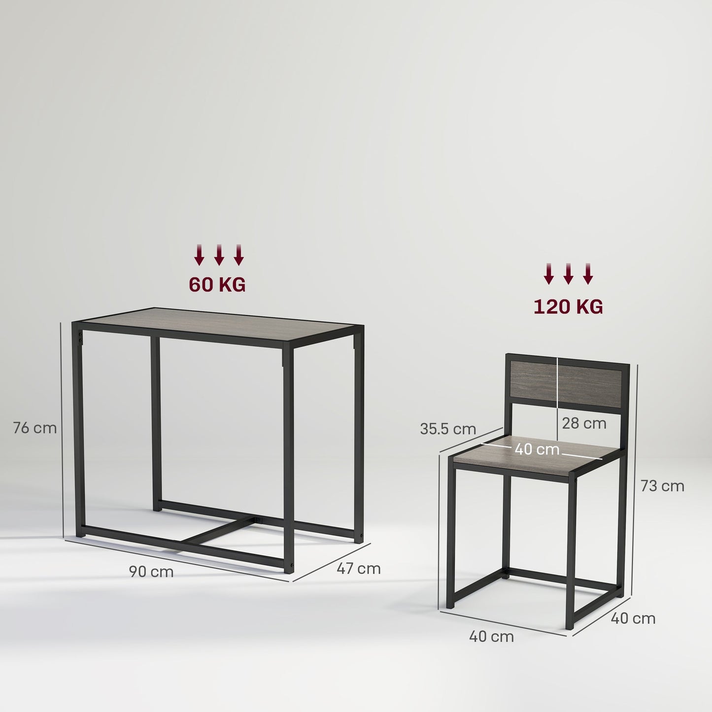HOMCOM Dining Table and Chairs Set 2, Dining Room Sets, Rectangular Space Saving Table and 2 Chairs for Compact Kitchens, Steel Frame, Grey Wood-Effect