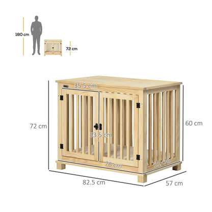 PawHut Wooden Dog Crate, with Double Doors, Cushion, for Medium Dogs - Natural Finish