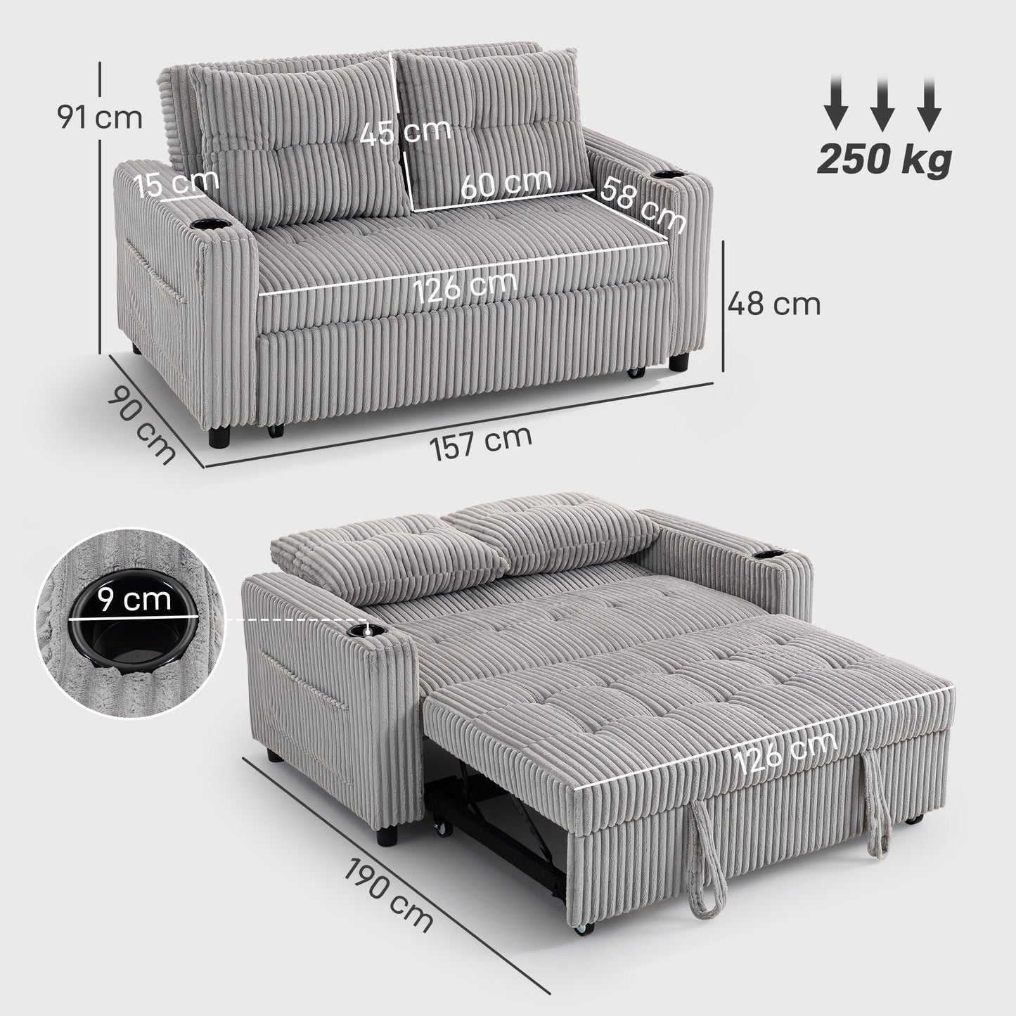 HOMCOM 2 Seater Click Clack Sofa Bed with Pull Out Design, Corduroy Upholstery - Light Grey