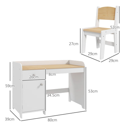 ZONEKIZ Kids Desk and Chair Set for 3-6 Year Old with Storage Drawer, Study Table and Chair for Children, White