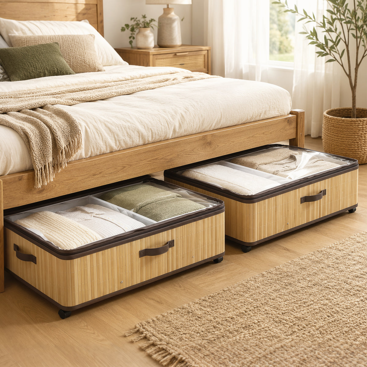 HOMCOM 60L Under Bed Storage with Wheels Pack of 2, Underbed Storage Box with Clear Lid Cover and Reinforced Handle, Natural
