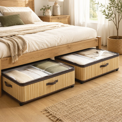 HOMCOM 60L Under Bed Storage with Wheels Pack of 2, Underbed Storage Box with Clear Lid Cover and Reinforced Handle, Natural