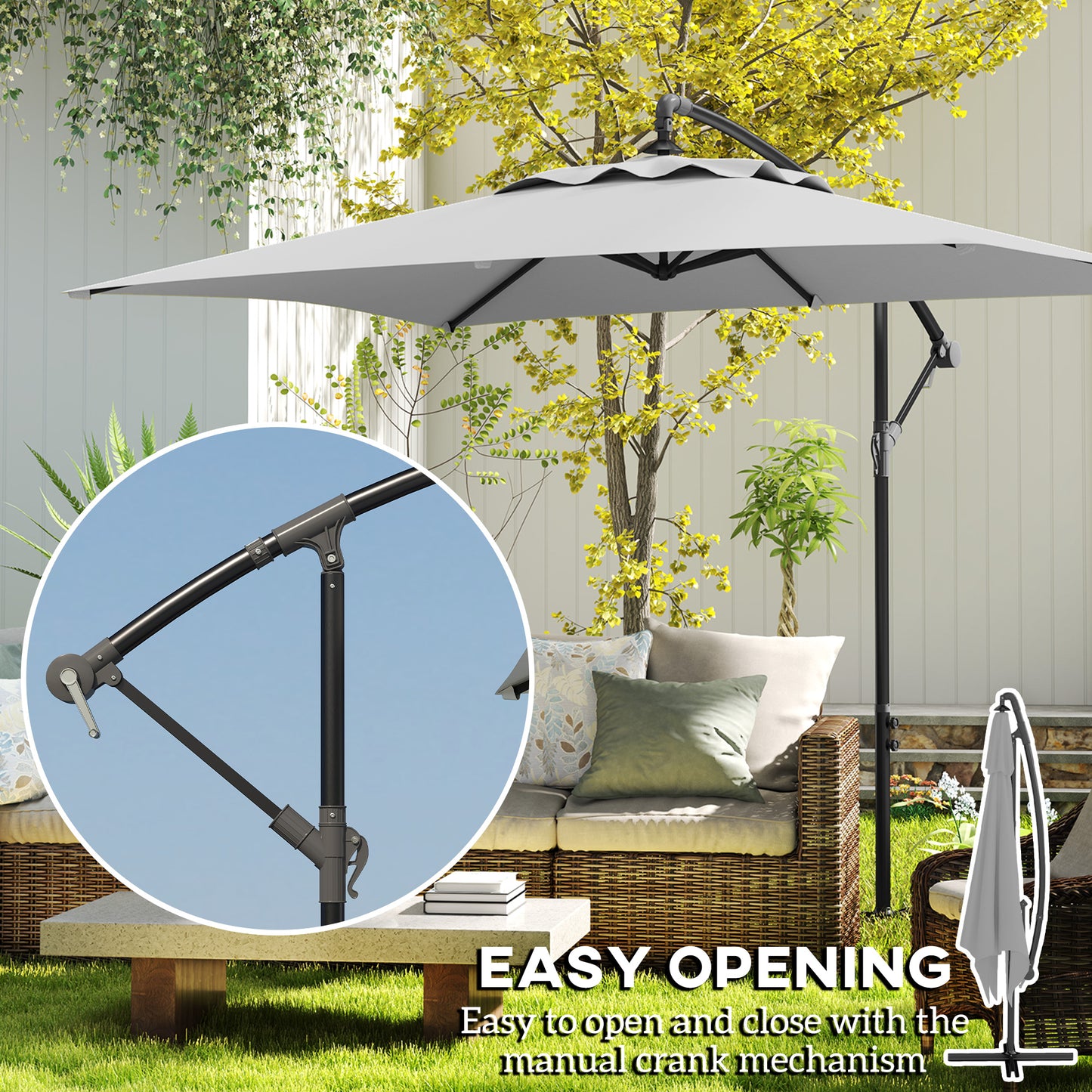 Outsunny 3(m) Parasol wysięgnikowy z podstawą poprzeczną - jasnoszary