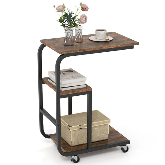 C-shaped End Table Space-saving Couch Table with Open Shelves-Rustic Brown