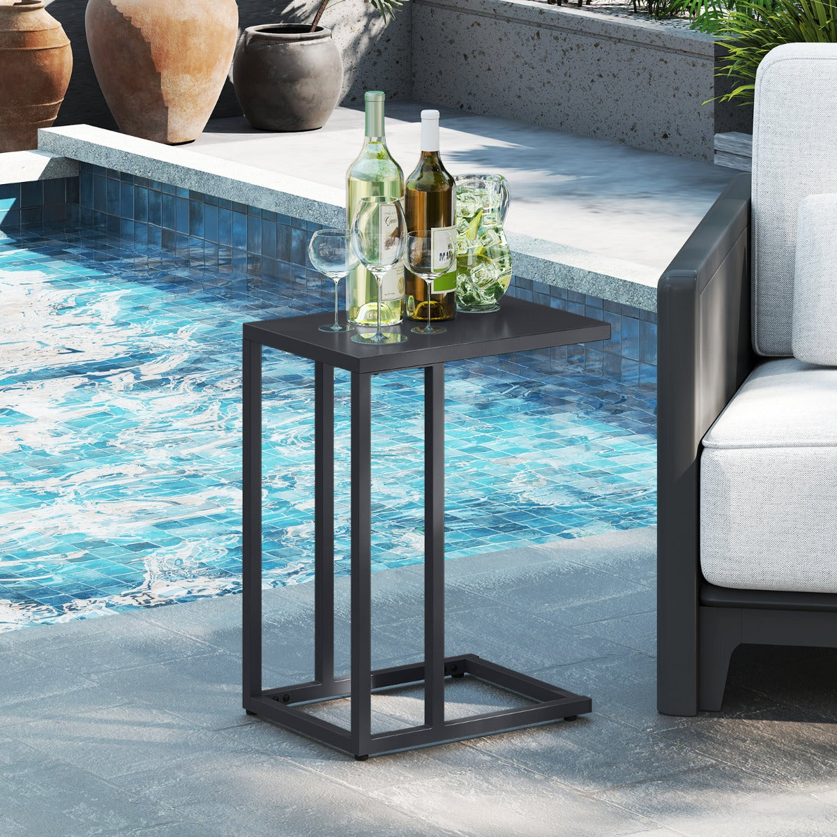Modern Industrial Metal End Table with Adjustable Foot Pads-Grey