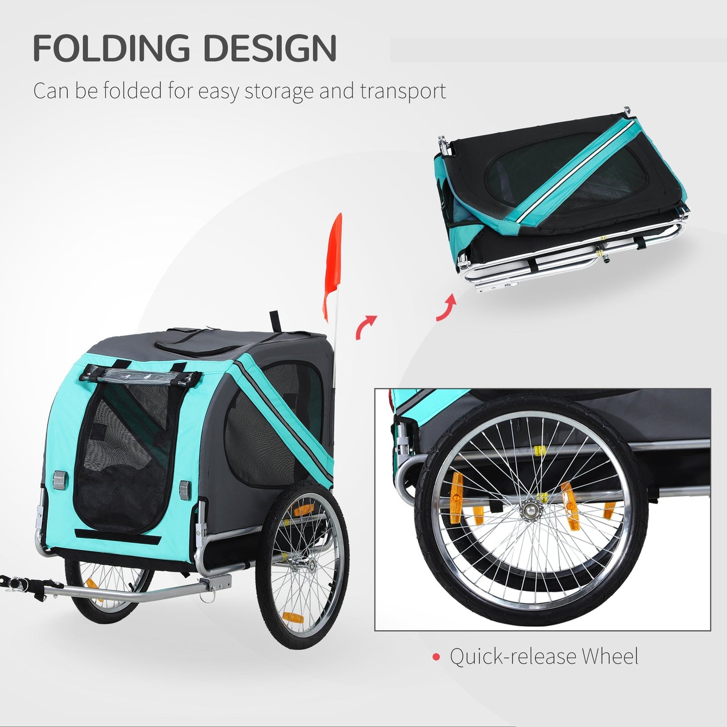 Pawhut Dog Bike Trailer للطي مقطورة الحيوانات الأليفة الكلب الناقل دراجة الإطار الصلب Jogger Stroller مع تعليق - أخضر ورمادي