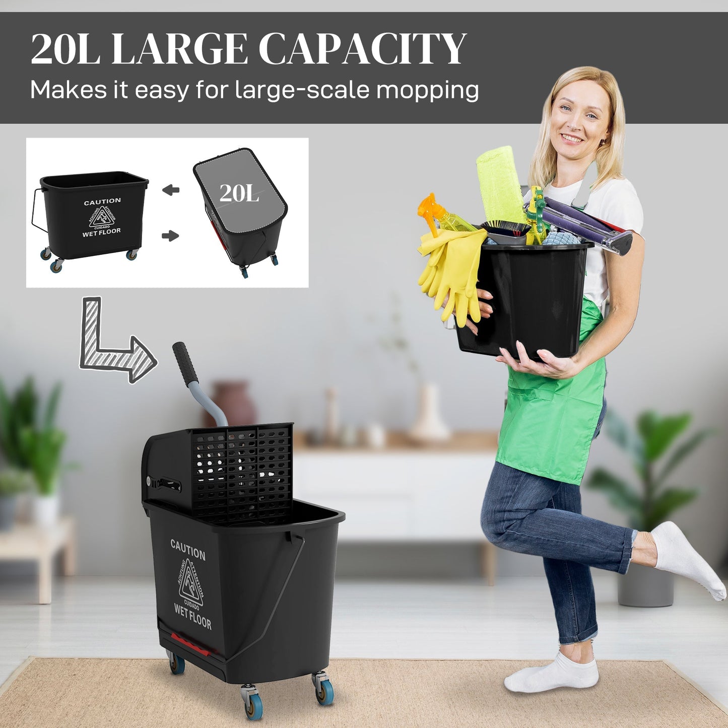 20L Mop Bucket with Wringer and Handle, Mop Bucket on Wheels for Floor Cleaning, Separate Dirty and Clean Water, Black