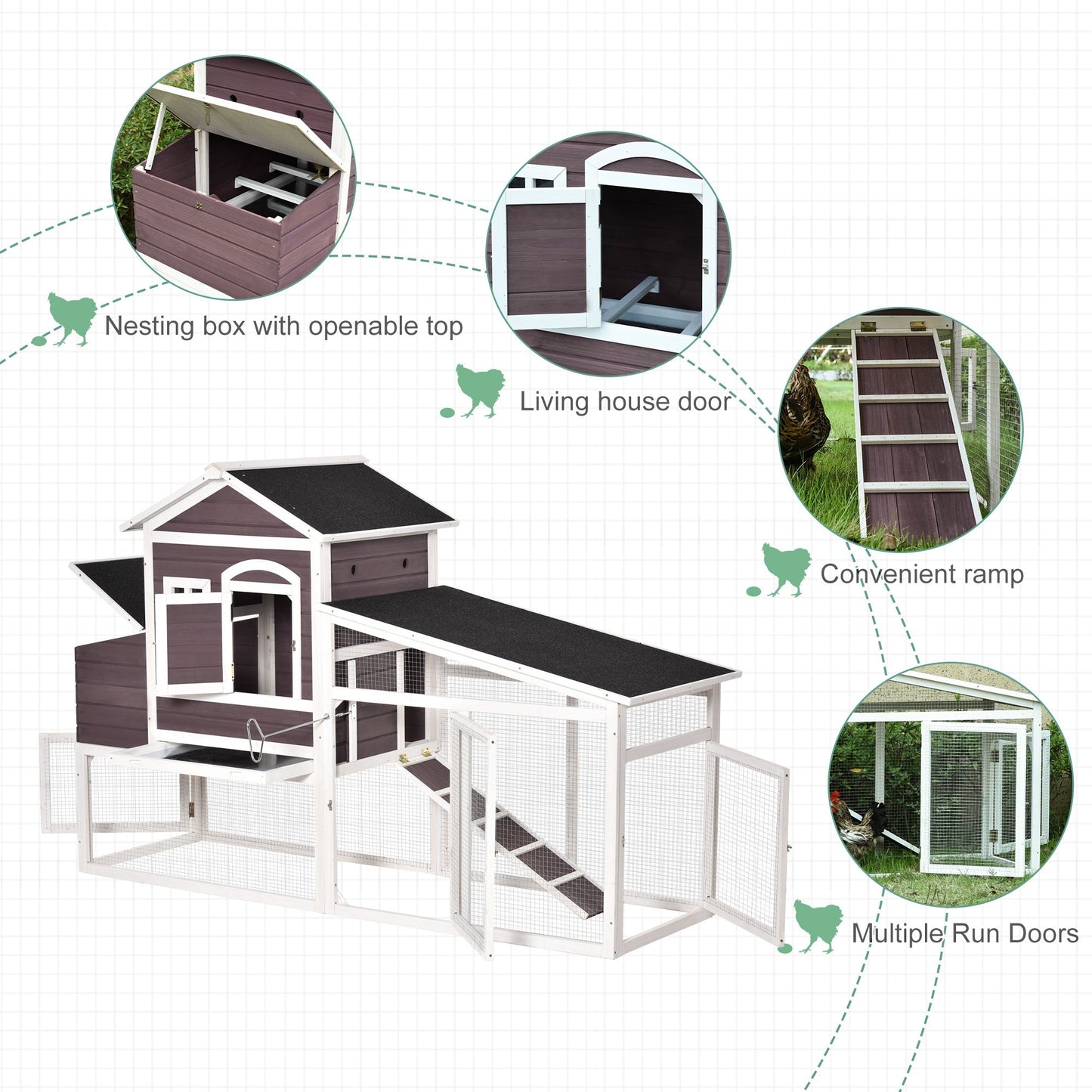 PawHut Deluxe 200cm Chicken Coop Small Animal Habitat Hen House w/ Run Nesting Box