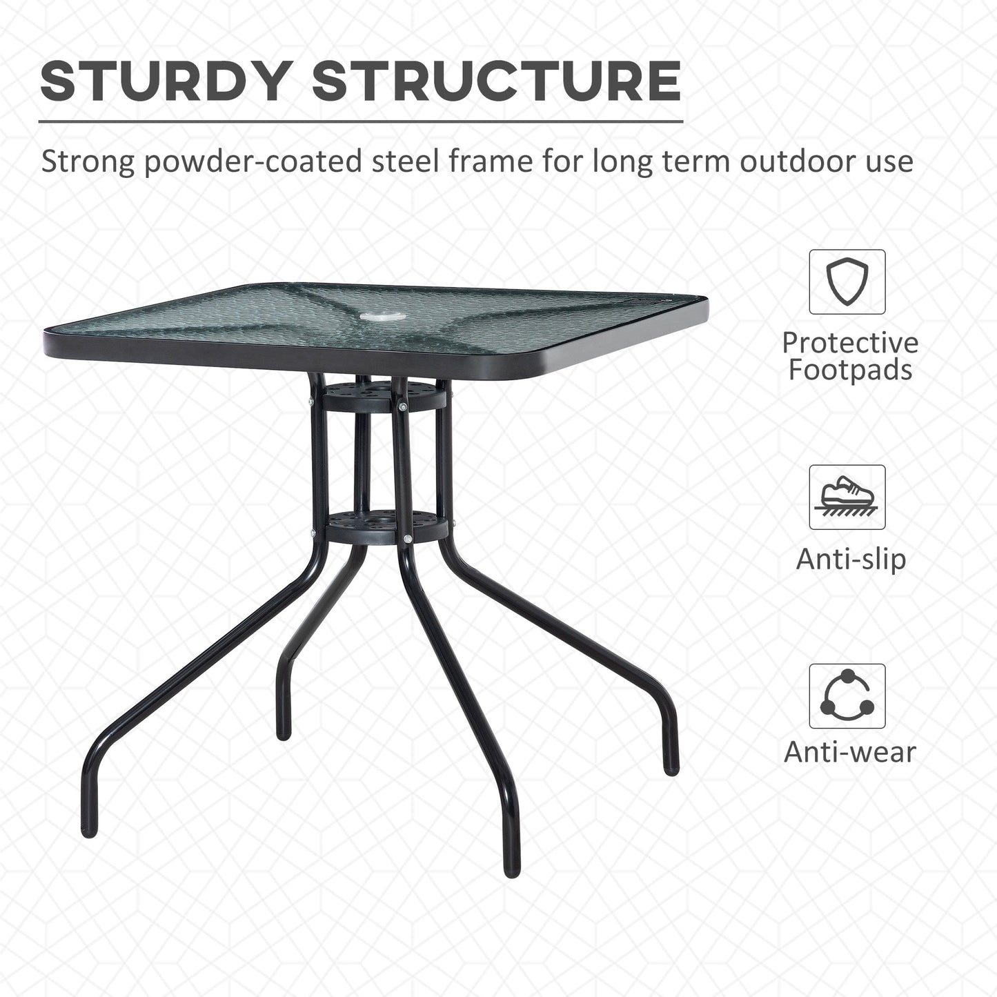 Outsunny Square Patio Table, Tempered Glass Top Bistro Table, Garden Dining Table, Outdoor Accent Coffee Table 76 x 76cm Steel Frame w/ Umbrella Hole