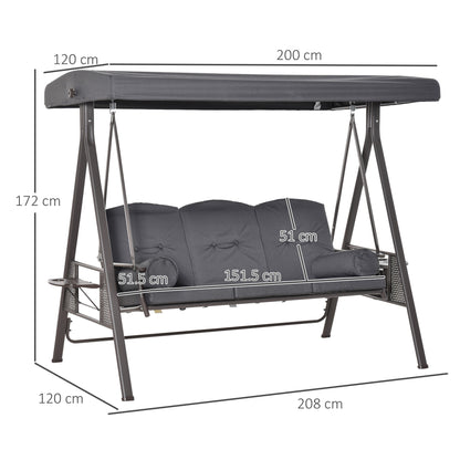 Outsunny 3 Seater Garden Swing Chair Outdoor Hammock Bench w/ Adjustable Canopy, Cushions and Cup Trays, Steel Frame, Dark Grey