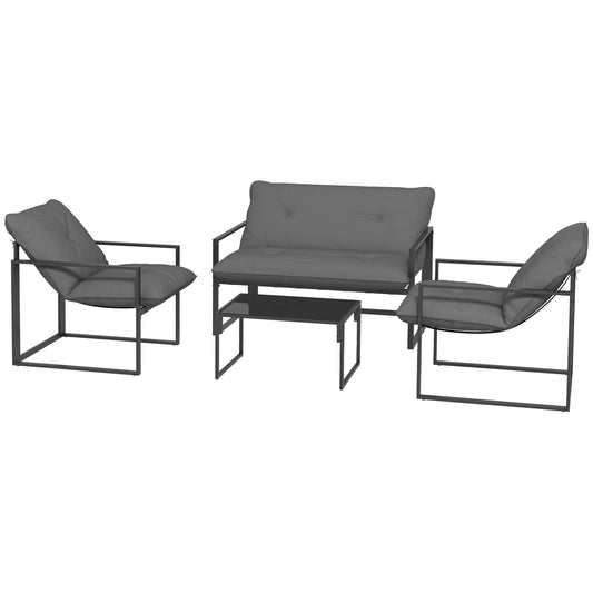 Outsunny 4 Piece Garden Sofa Set 2 Single Armchair, Loveseat and Coffee Table Set Steel Frame Patio Furniture with Thick Cushions, Grey