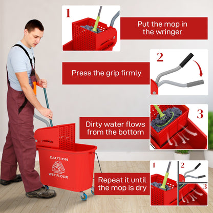 20L Mop Bucket with Wringer and Handle, Mop Bucket on Wheels for Floor Cleaning, Separate Dirty and Clean Water, Red