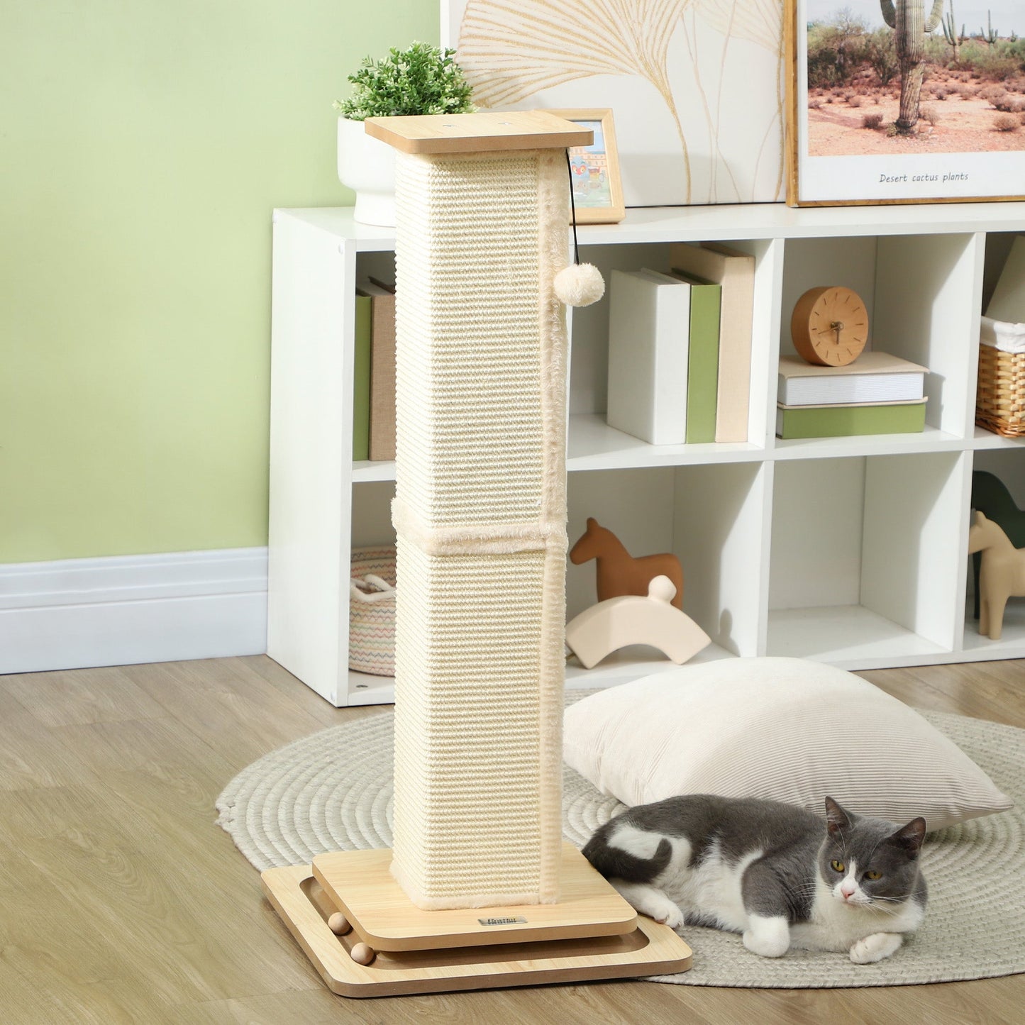 PawHut 3-in-1 Cat Scratching Post, 87cm Cat Scratcher w/ Track Ball Toy, Oak Tone