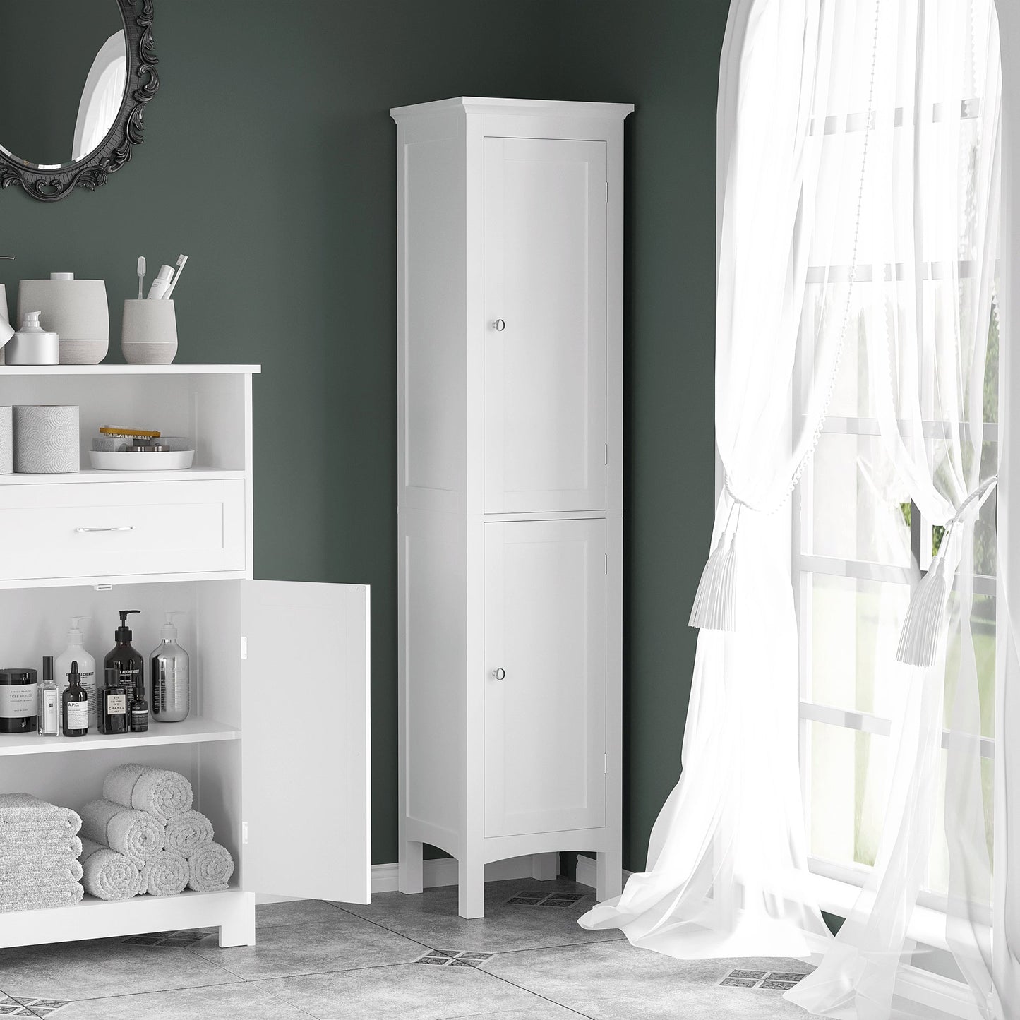 kleankin Tall Bathroom Storage Unit, Slim Bathroom Cabinet with Adjustable Shelves and Double Door, White