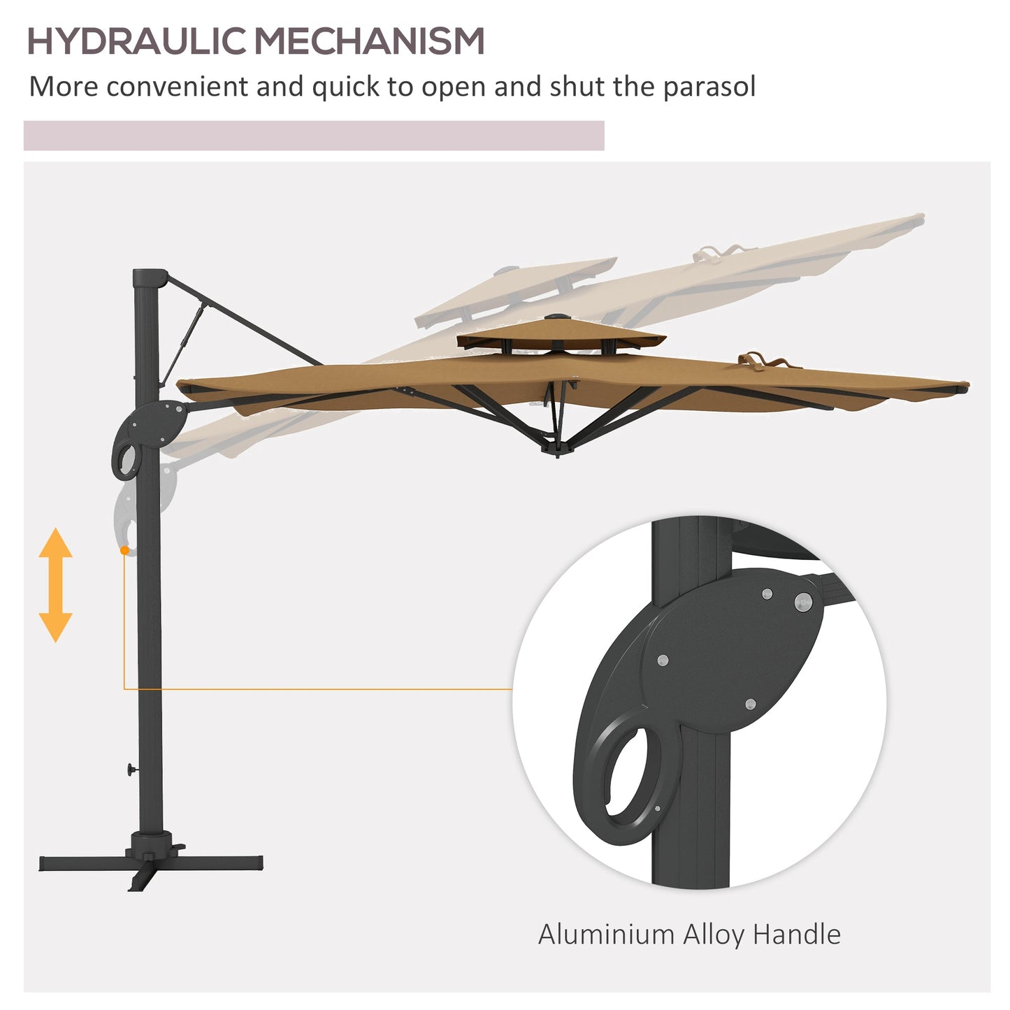 Outsunny Garden Parasol, 3(m) Cantilever Parasol with Hydraulic Mechanism, Dual Vented Top, 8 Ribs, Cross Base, Khaki