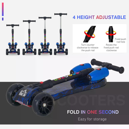 HOMCOM Scooter for Kids Toddler 3 Wheel Adjustable Height w/ Flashing Wheels Music Water Spray Foldable Kick Scooter for Boys and Girls 3 - 6 Yrs Blue
