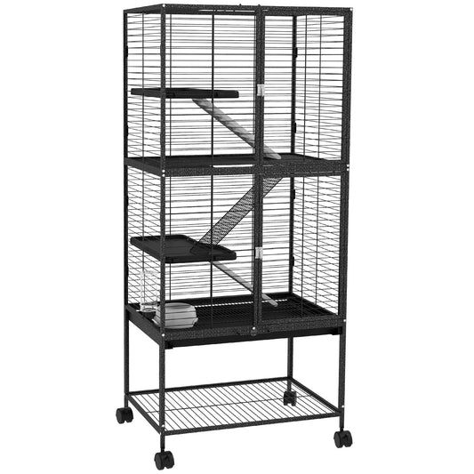 PawHut Rolling Chinchilla Cage, mała klatka dla fretek z trzema drzwiami, przechowywaniem, półką, tacką, miską i butelką na wodę