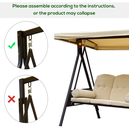 Outsunny Swing Chair Hammock Chair 3 Seater Canopy Cushion Shelter Outdoor Bench Steel Beige