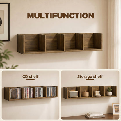 HOMCOM Wooden Shelf Organiser Unit, Wall Mounts Set of 2 84 CD / 56 DVD/Blu-ray/ Media Storage Racks 4 Cubes, Walnut Brown