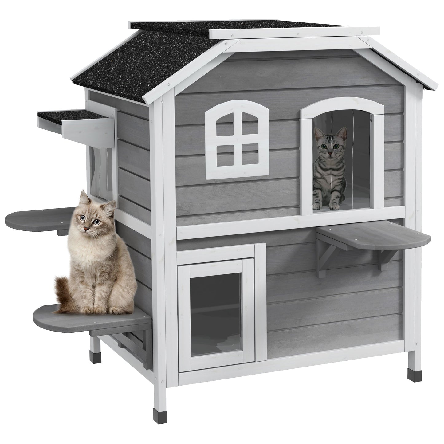 PawHut 2-story Cat House Outdoor, Weatherproof Wooden Cat Enclosure for Feral Cats with Escape Door, Openable Roof, Jumping Platforms, Grey