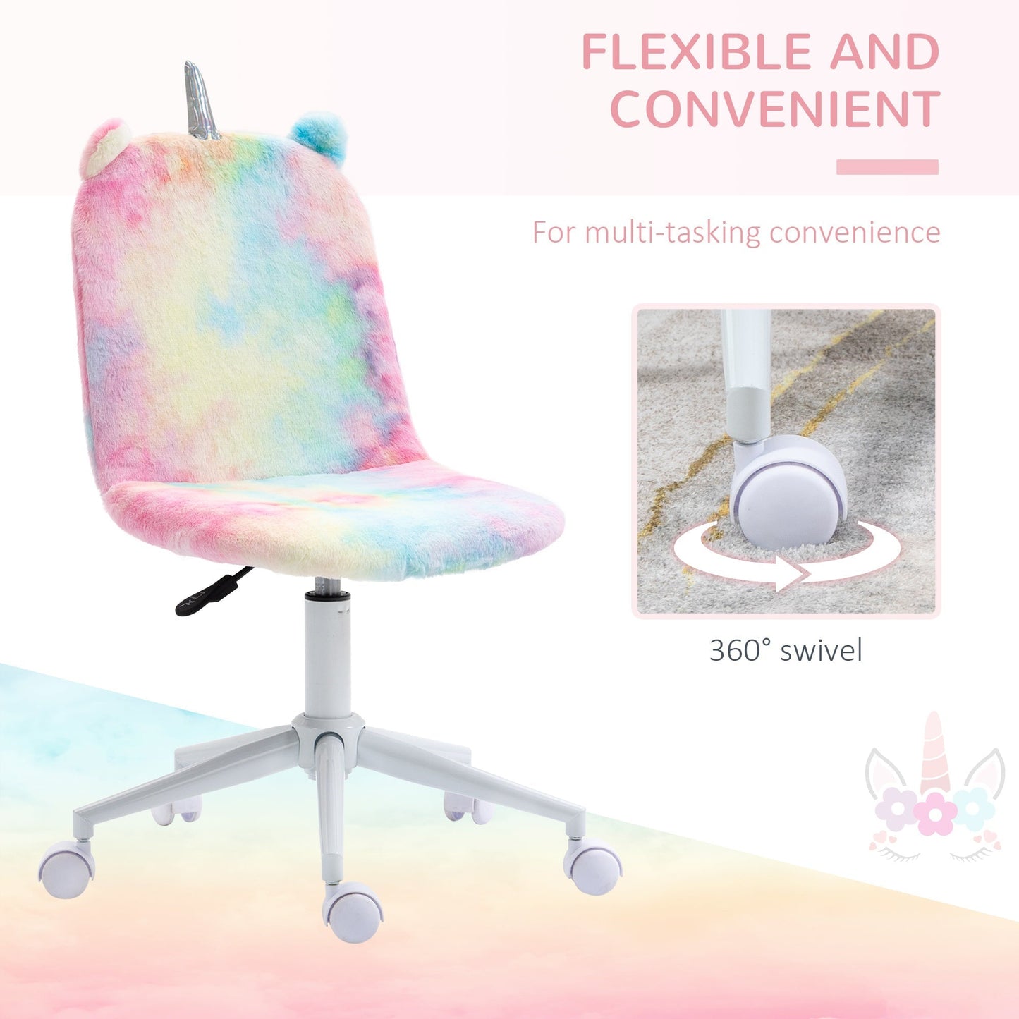 Vinsetto Fluffy Unicorn Office Chair with Swivel Wheel, Cute Desk Chair, Rainbow