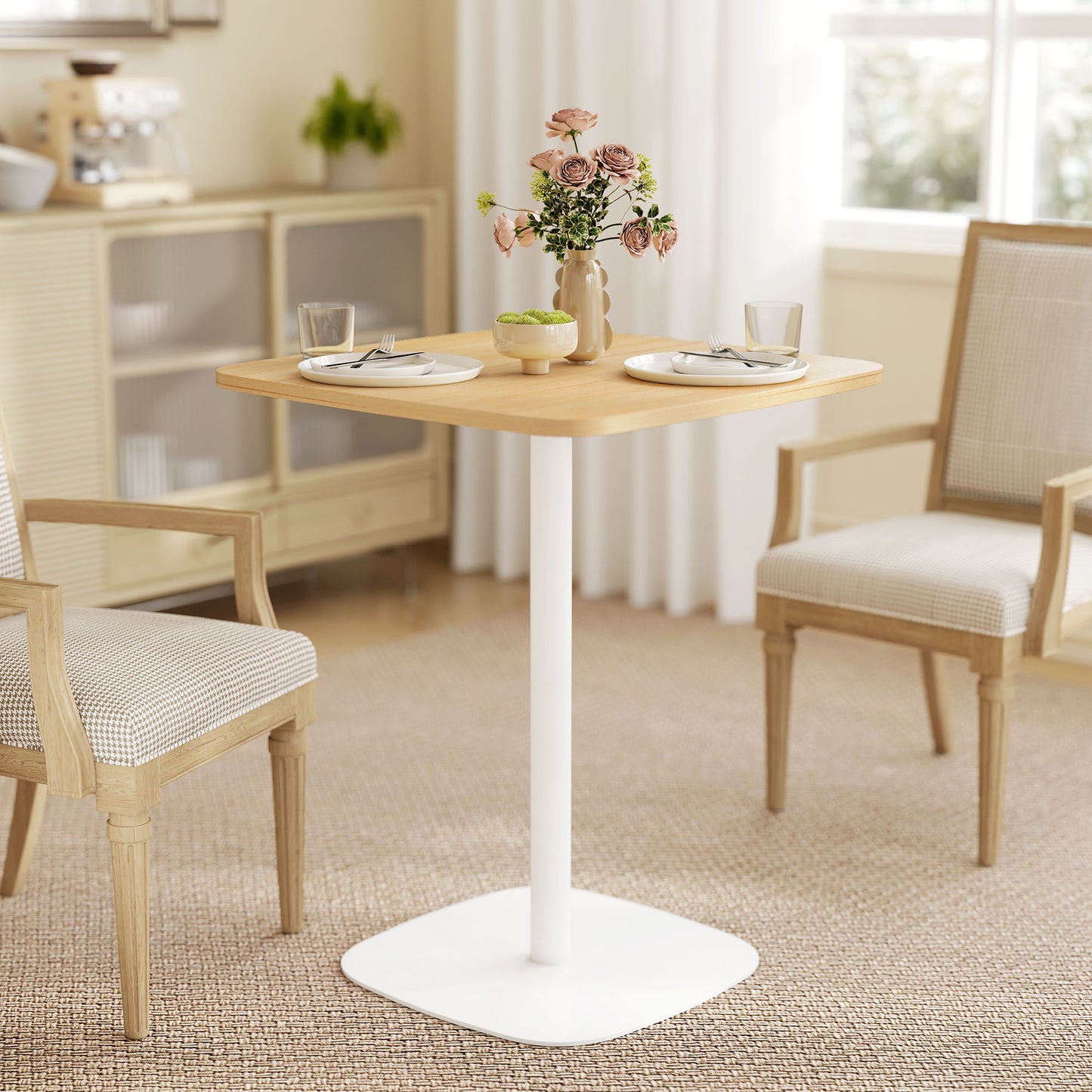 HOMCOM Small Dining Table, 60 cm Square Kitchen Table with Wood-veneer Top and Steel Base - Natural Wood Finish